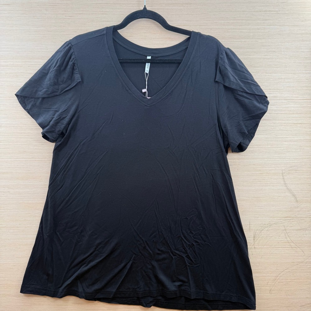 NWT Cathy Womens Black XL V-Neck Petal Sleeve Rayon Blend T-Shirt Classic Jersey